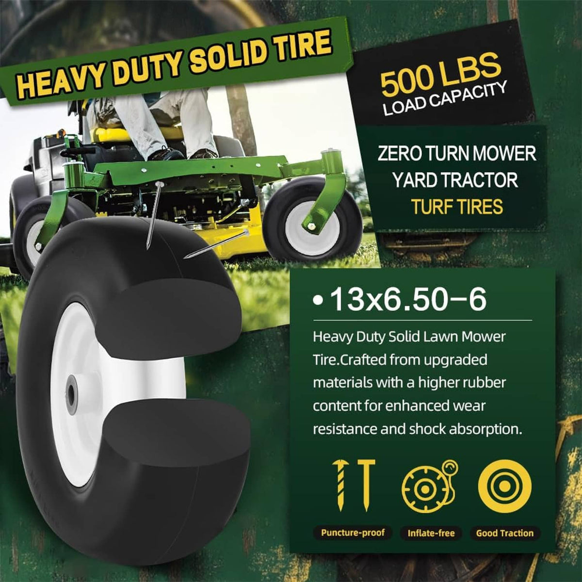 Heavy duty solid lawn mower tire and wheel, black with white rim