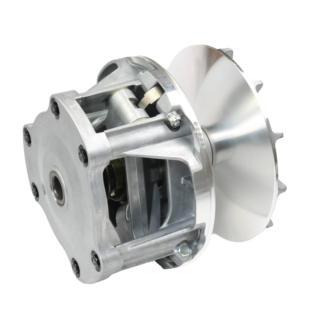 Primary drive clutch assembly with silver housing, internal fins, and side fan