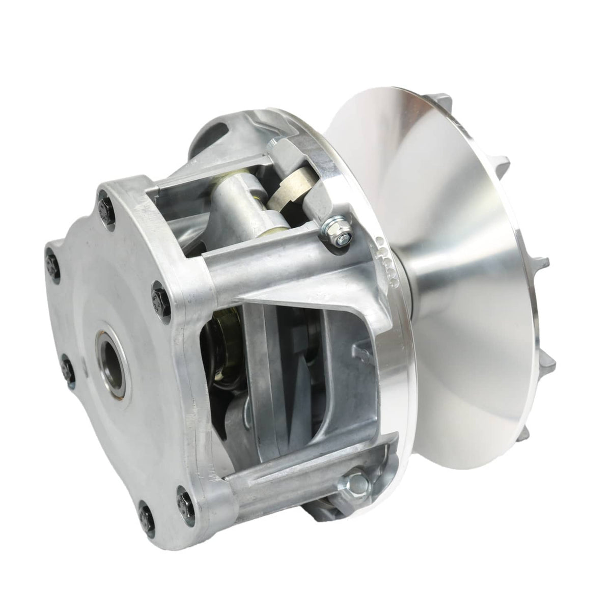 Primary drive clutch assembly with silver housing, internal fins, and side fan