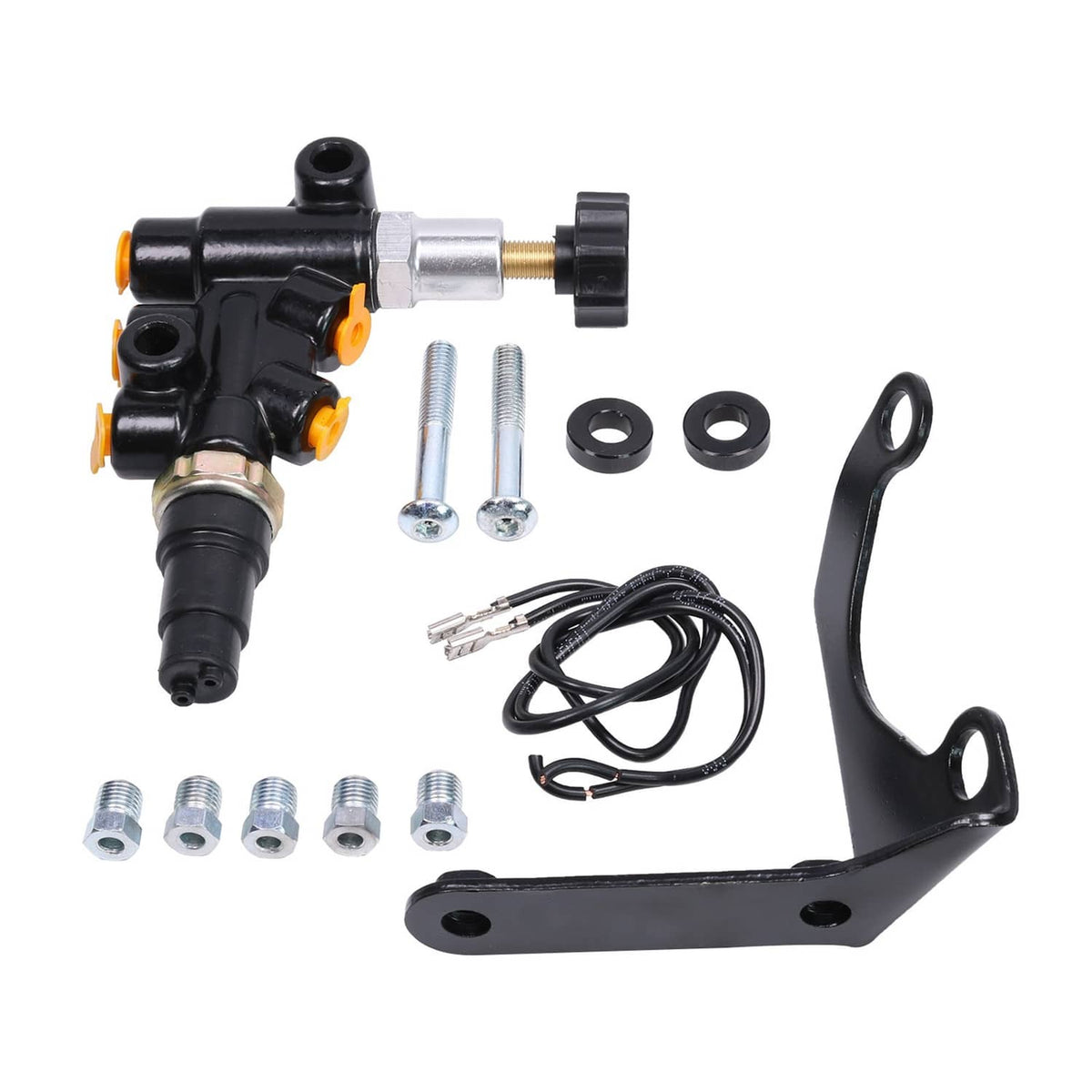Adjustable proportioning valve kit with mounting bracket, lines, and fittings