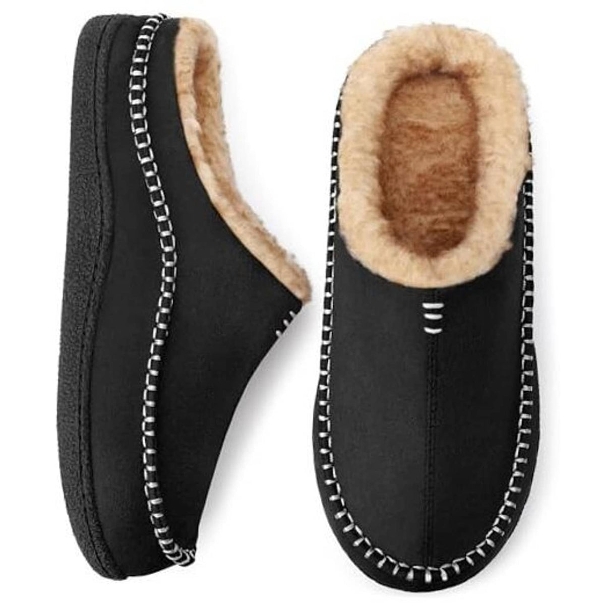 Pair of black slip-on slippers with tan fuzzy lining and white stitched trim.
