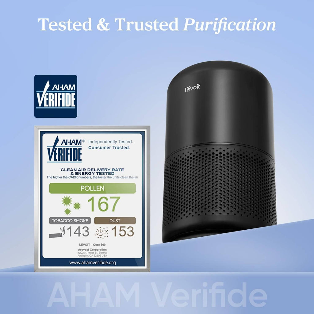 Black air purifier with verification badge graphic for tested air purification