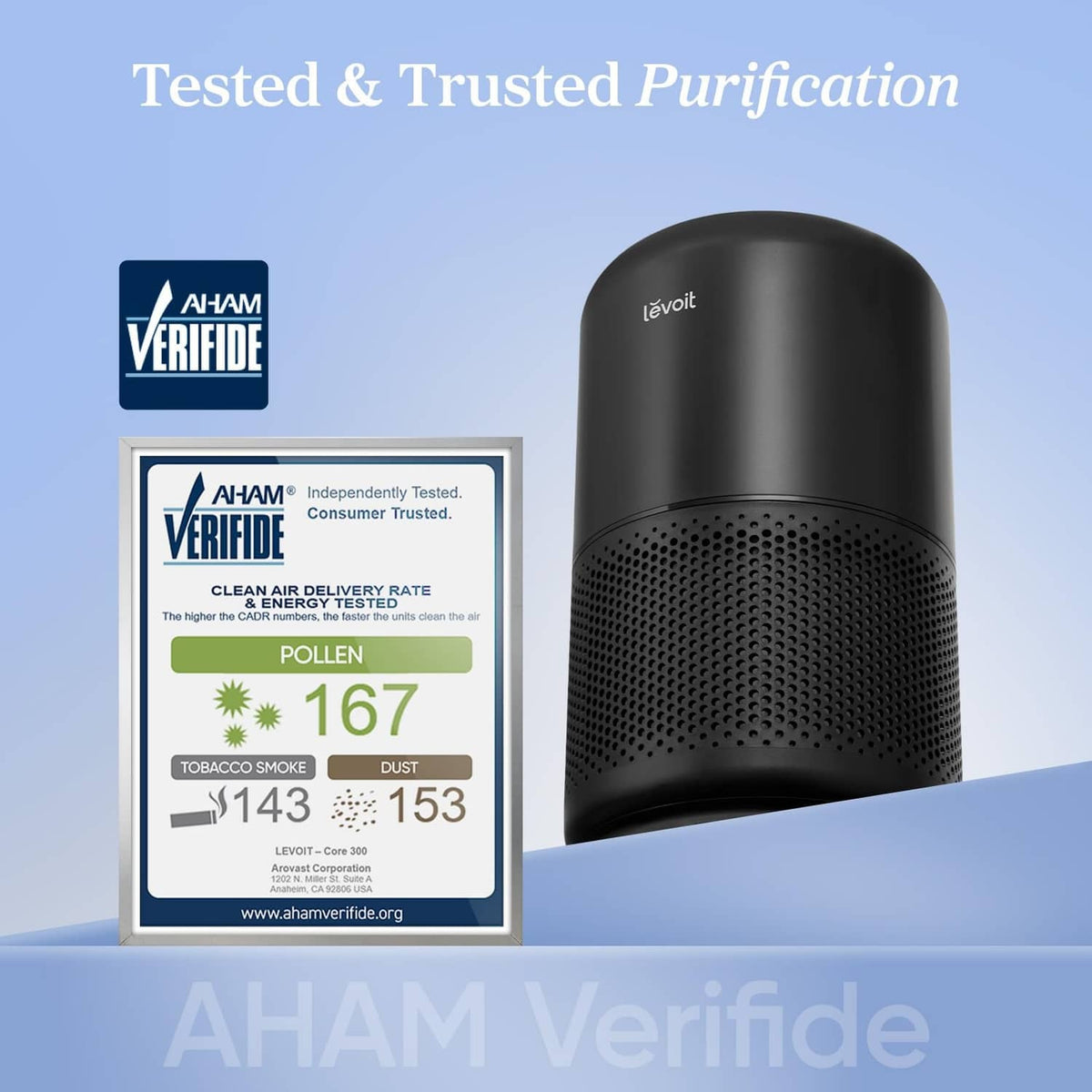 Black air purifier with verification badge graphic for tested air purification