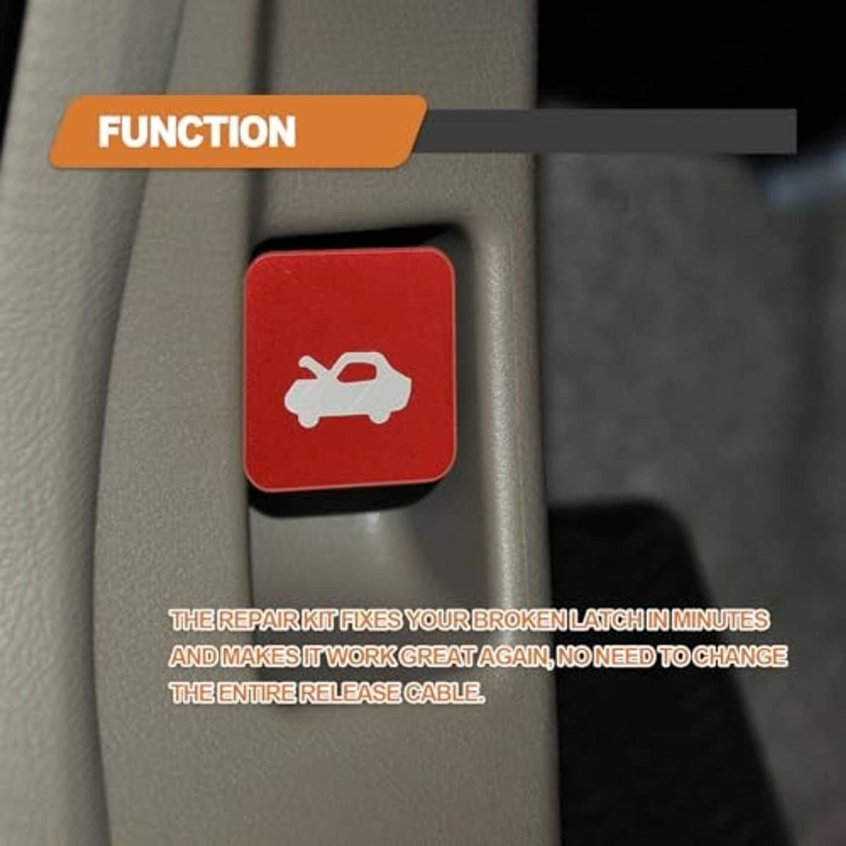 Red hood latch release button with wrench icon on gray interior trim