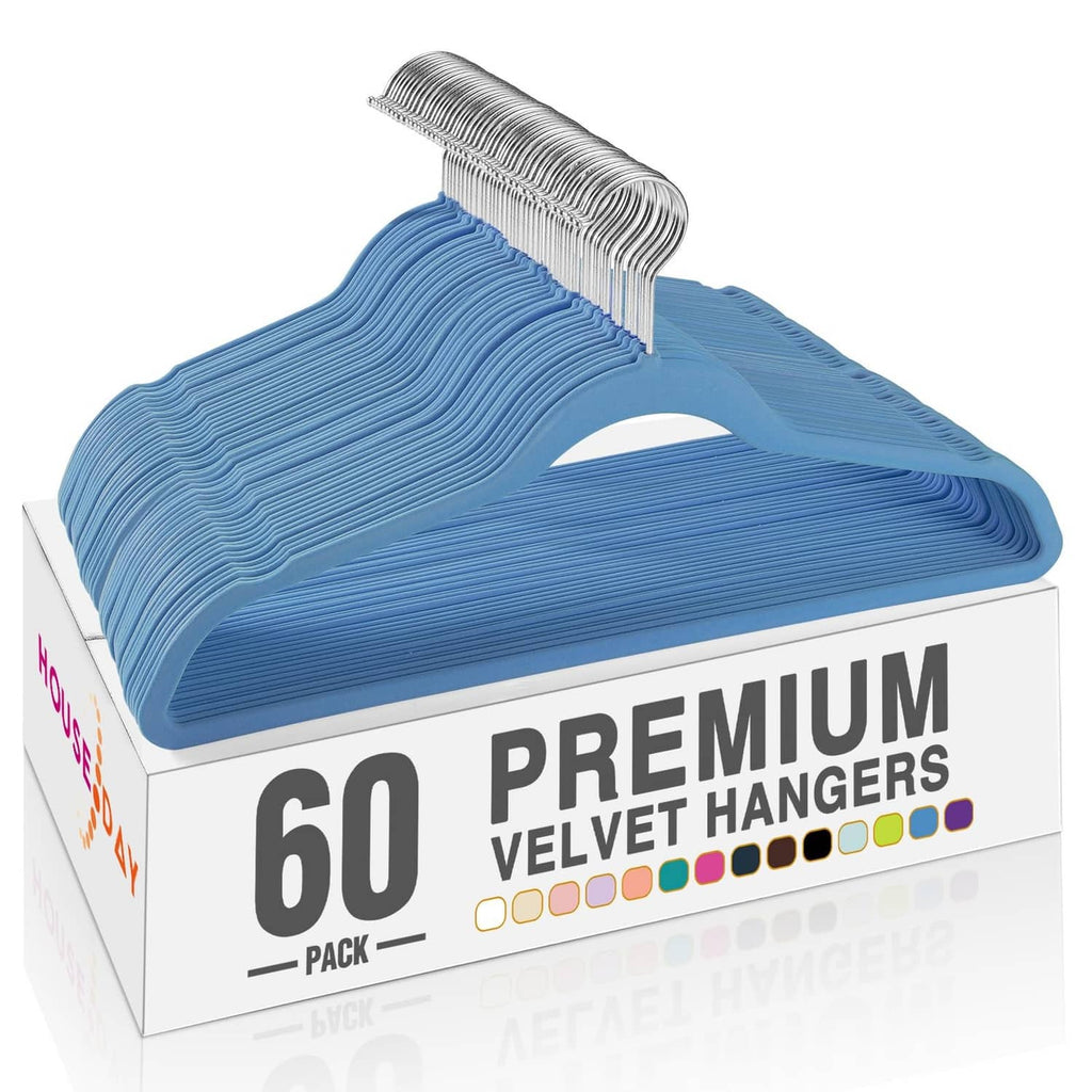 Tranquil-blue velvet hangers set with silver metal hook, 60-pack