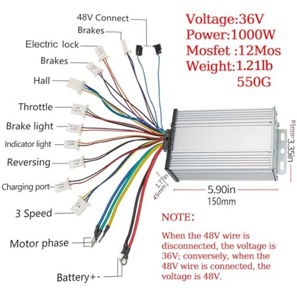 36V controller wiring layout showing throttle, brakes, lights, and motor phase leads