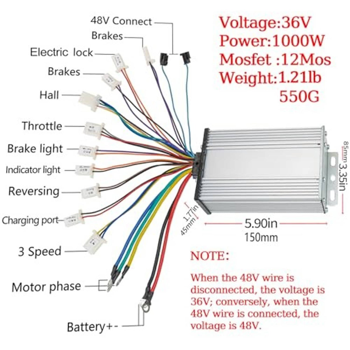 36V controller wiring layout showing throttle, brakes, lights, and motor phase leads
