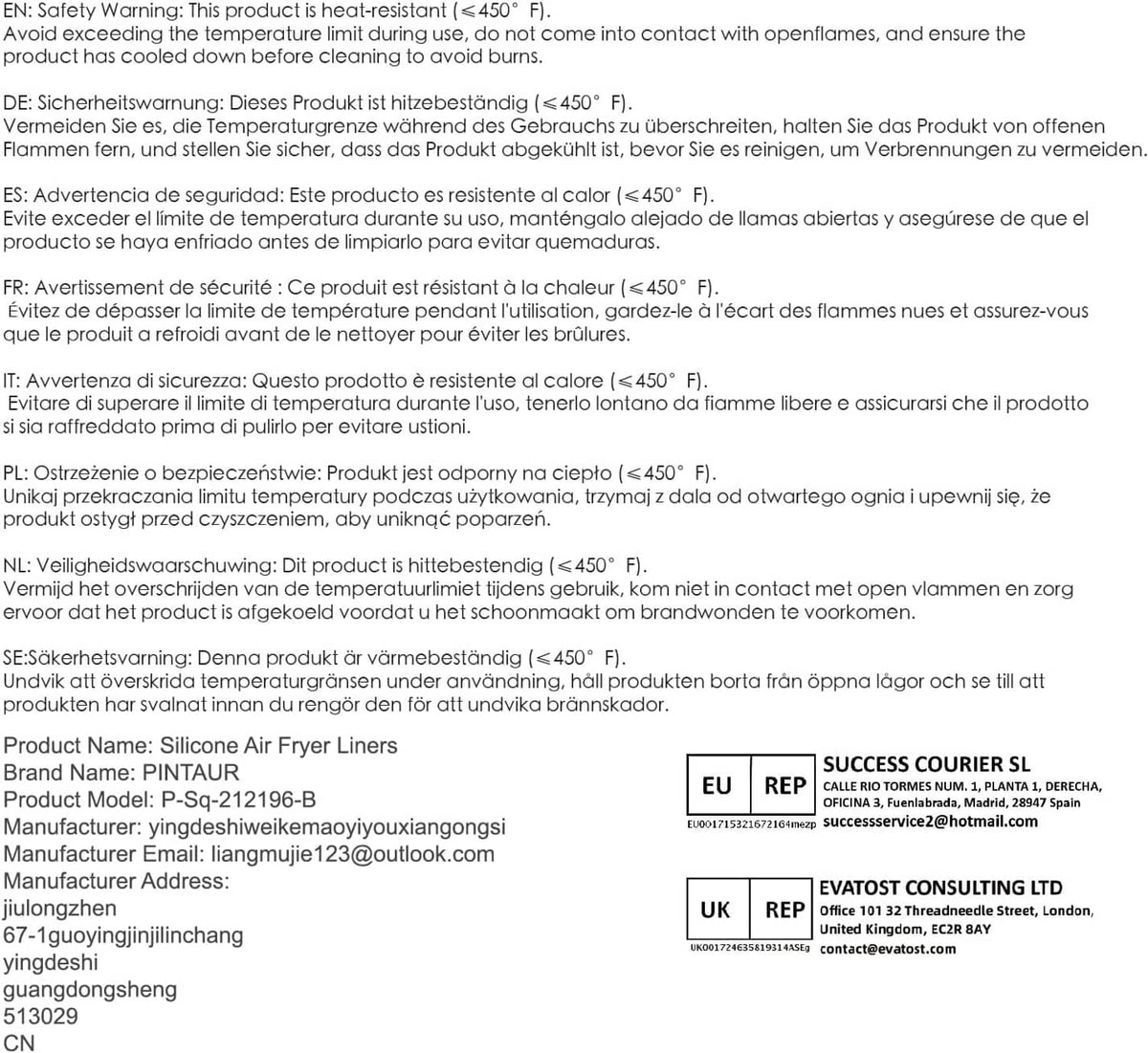 Instruction sheet with safety and compatibility text for silicone air fryer liners