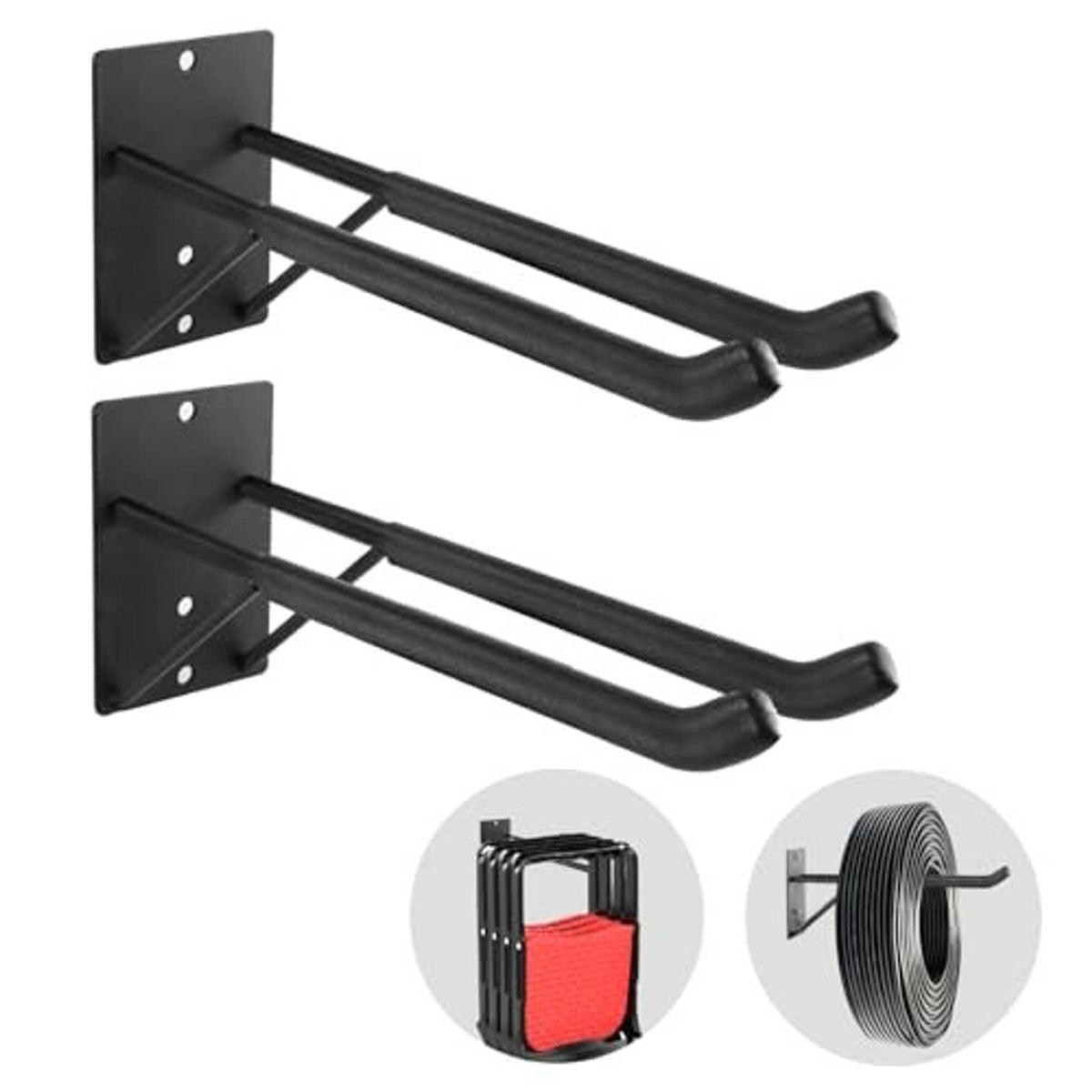 Pair of black steel garage hook brackets with curved ends and mounting plates