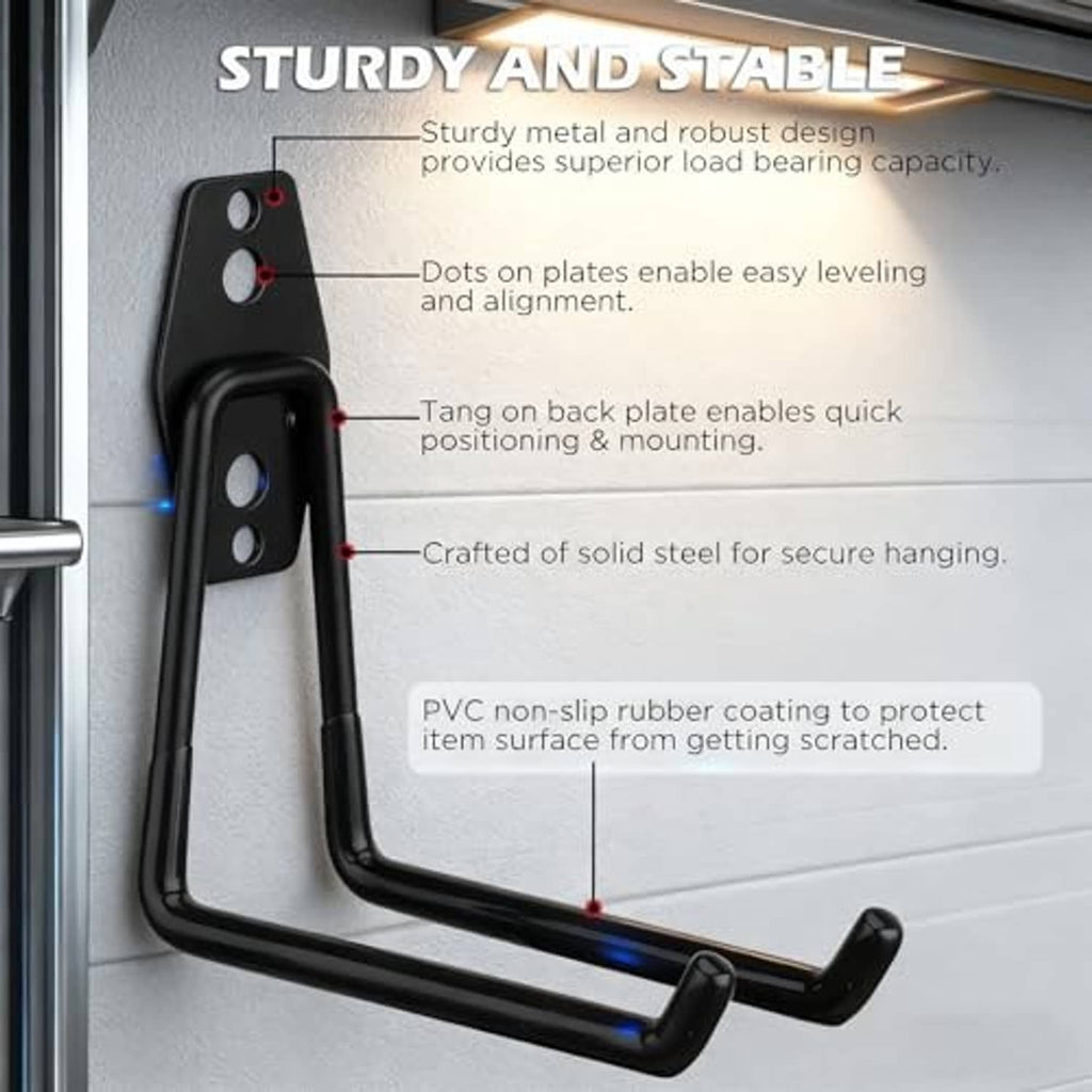 Black metal wall hook with dual mounting holes and PVC non-slip rubber coating on arm
