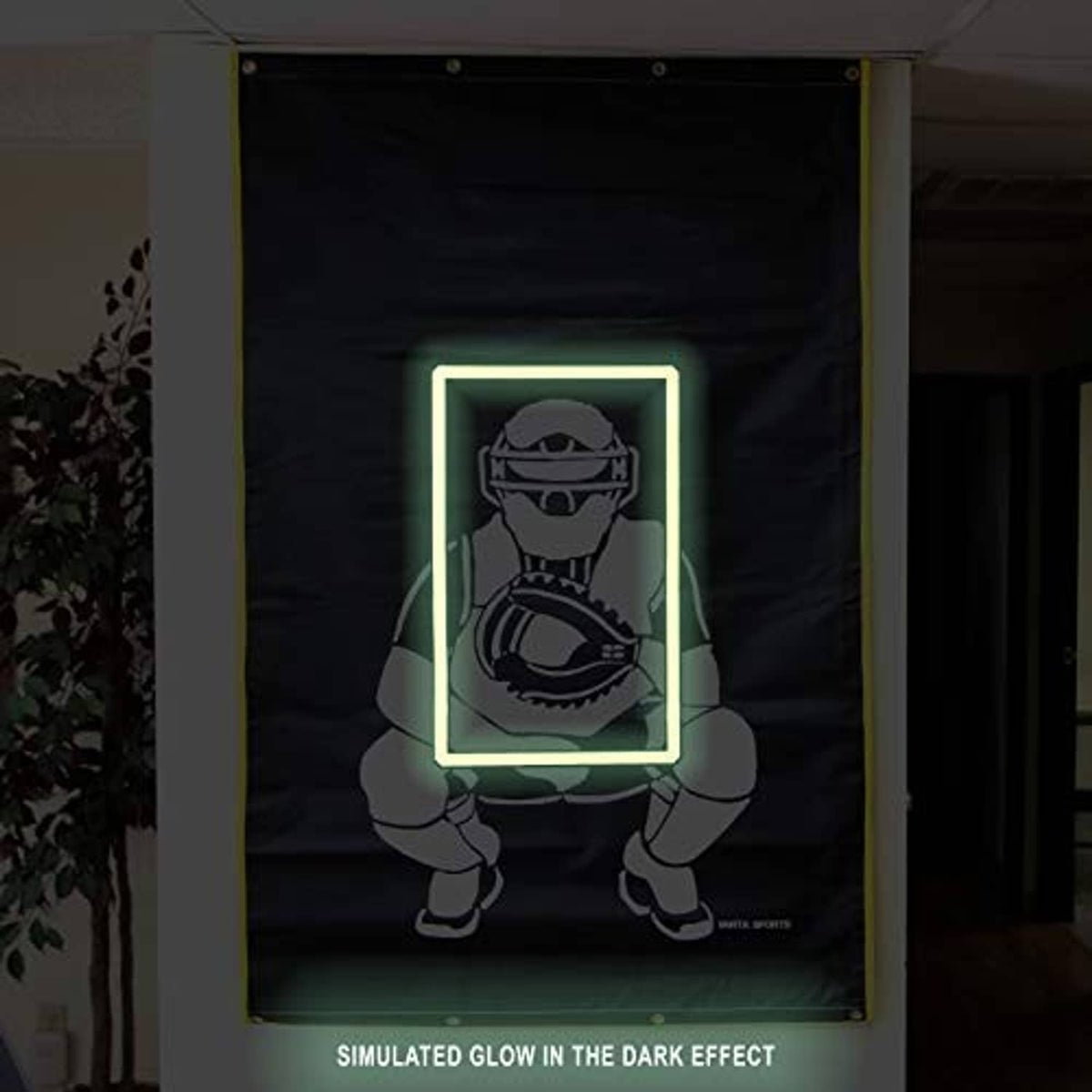 Black vinyl backstop with neon-lit catcher graphic and simulated glow text