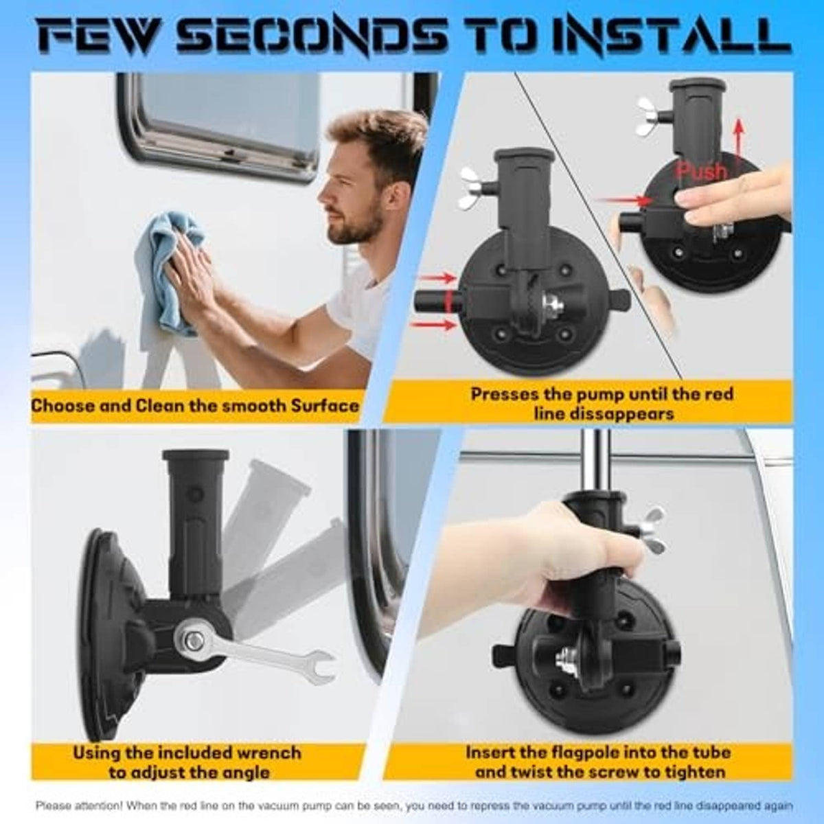 Black suction cup flag holder installation showing vacuum pump handle and wrench
