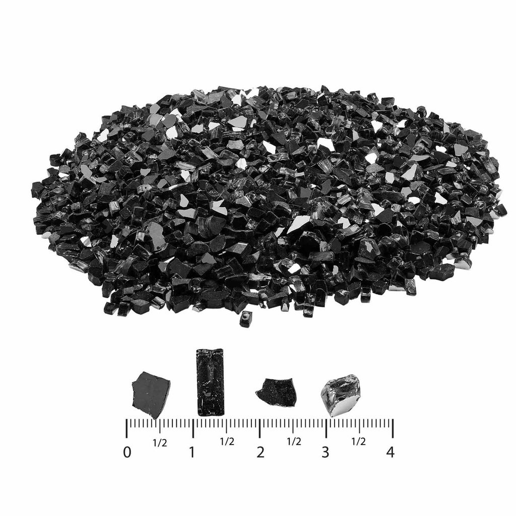 Black crushed glass stones with ruler scale and a few sample chunks