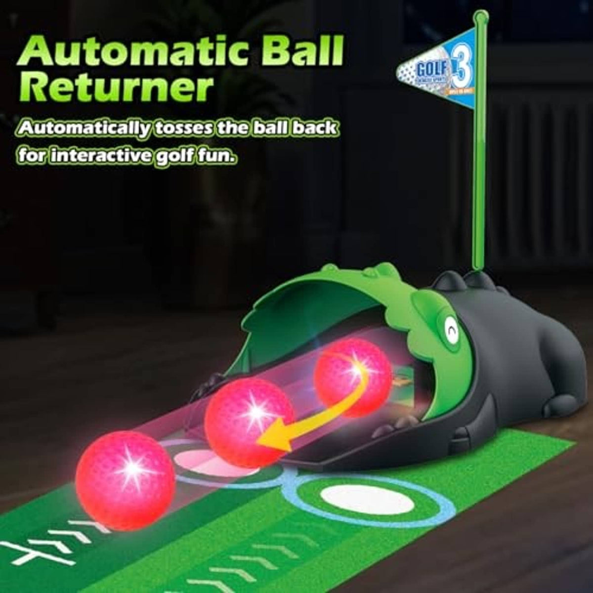Dinosaur automatic ball returner on green toy golf mat with glowing pink balls