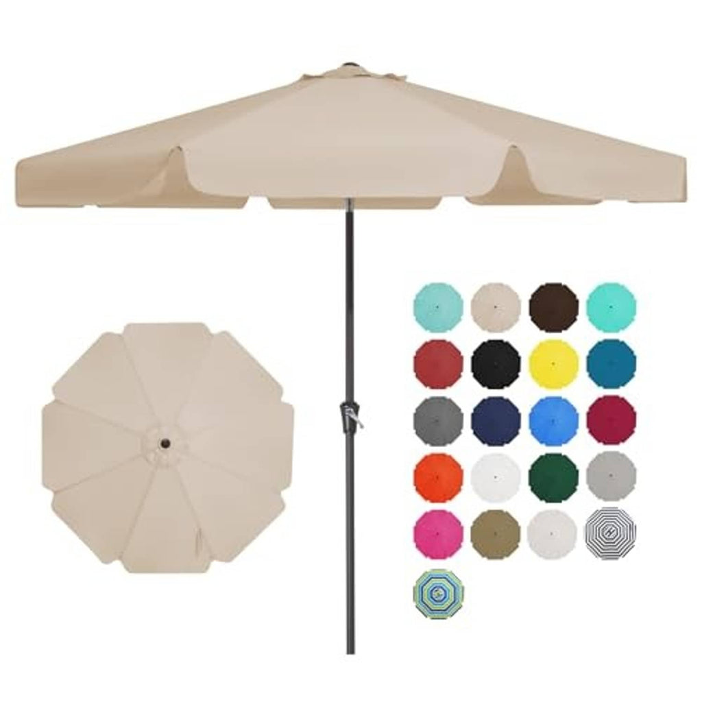 Beige 9 ft patio market umbrella, open canopy with tilt pole and base support