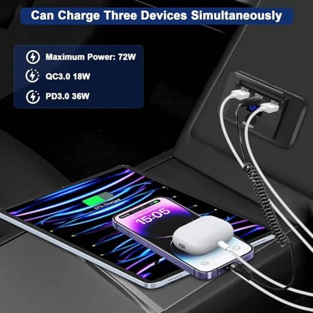 Black 3-port 12V USB outlet panel charging devices with illuminated cable and ports