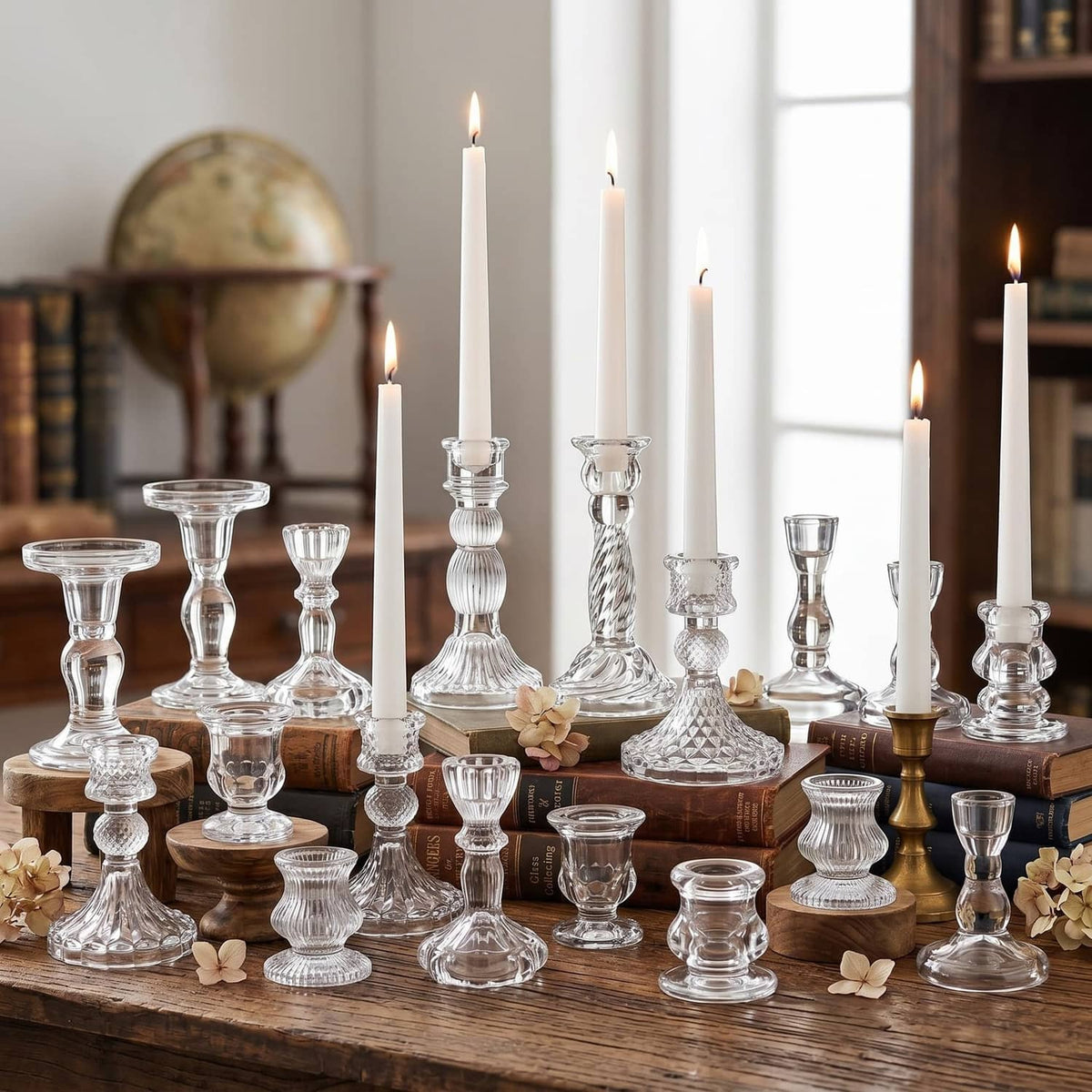 Clear glass taper candle holders set with multiple heights and ribbed bases