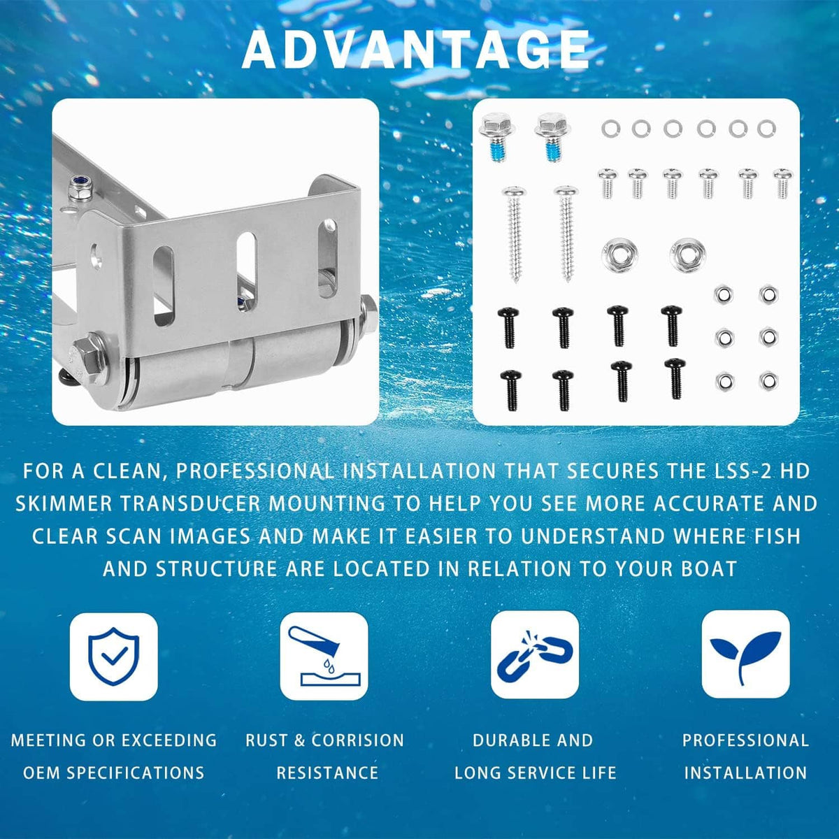 Silver transom mount bracket with screws, washers, and nuts for installation