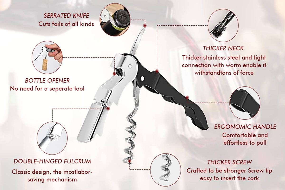 Waiter corkscrew with foil cutter, bottle opener, double-hinged lever and grip handle