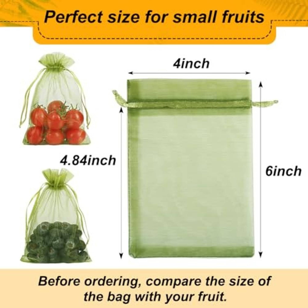 Green rectangular mesh drawstring fruit bag with drawstring top and size guide