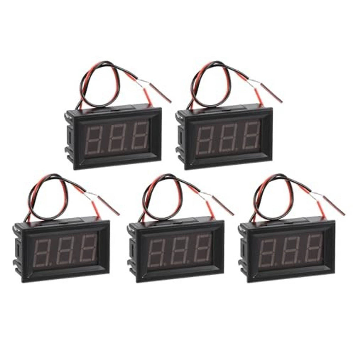 Digital voltmeter modules with black housings, blue LED display, and red/black wiring