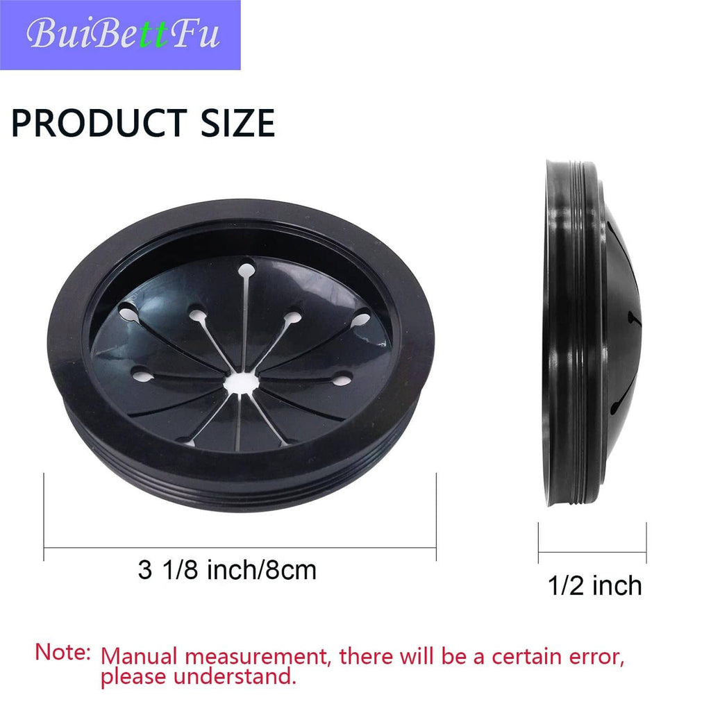 Black splash guard baffle, round with radial vanes; side profile view