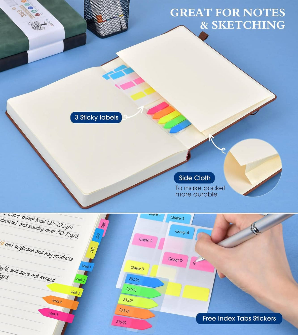 Brown lined journal with side pocket cloth and colorful sticky labels