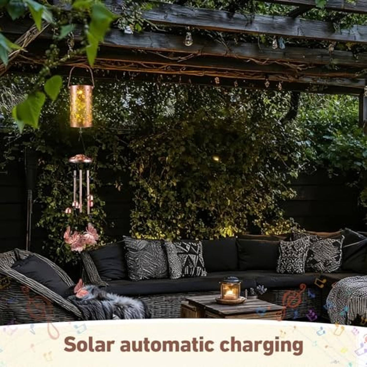 Solar wind chime lantern hanging under patio roof with glowing butterfly light