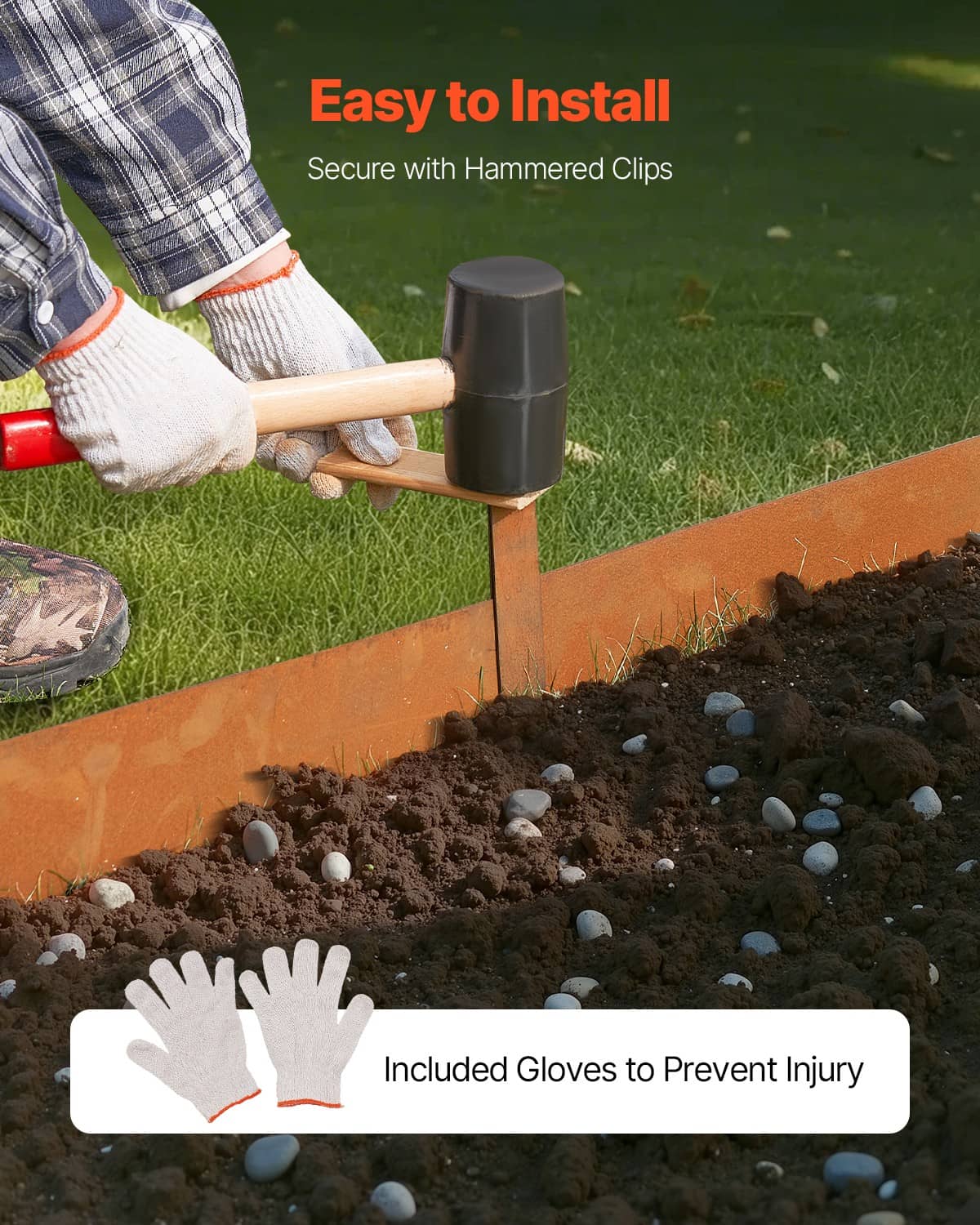 Rust-brown steel edging border with spikes and included gloves for safer installation