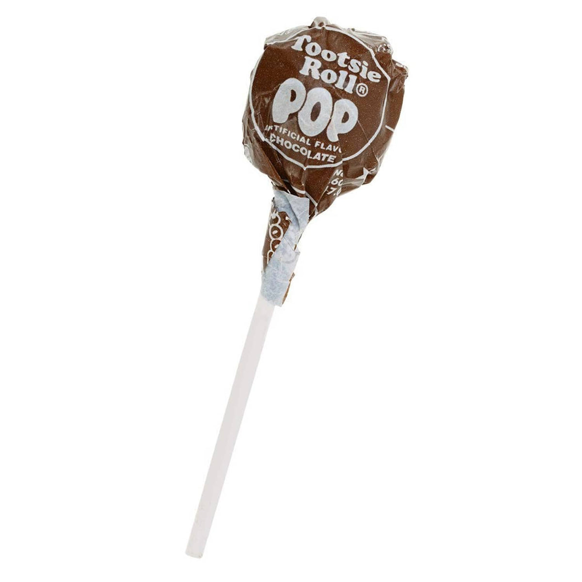 Chocolate lollipop with twisted Tootsie Roll Pop wrapper on a white stick