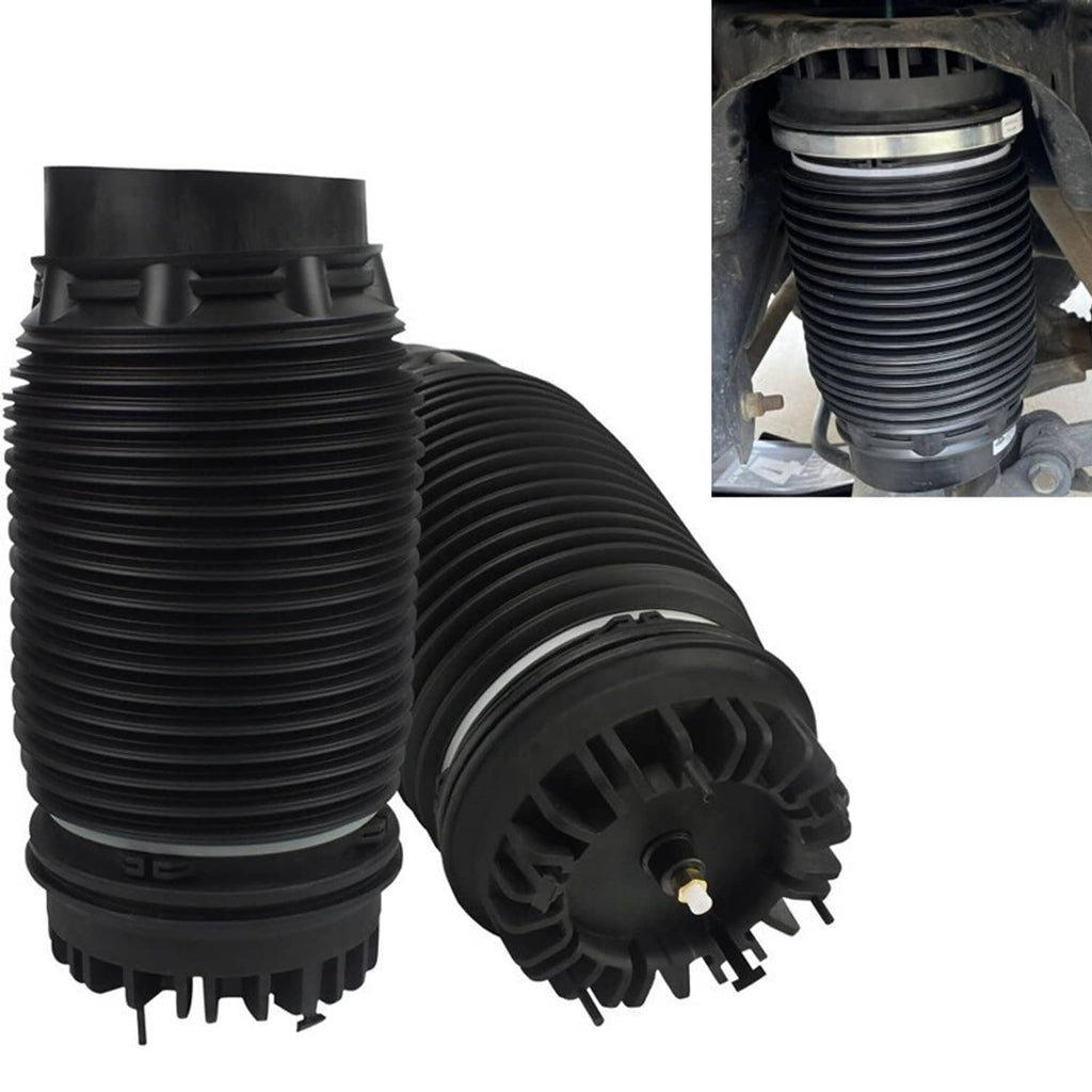 Black air suspension spring bag with studded base, ribbed bellows, and circular mount