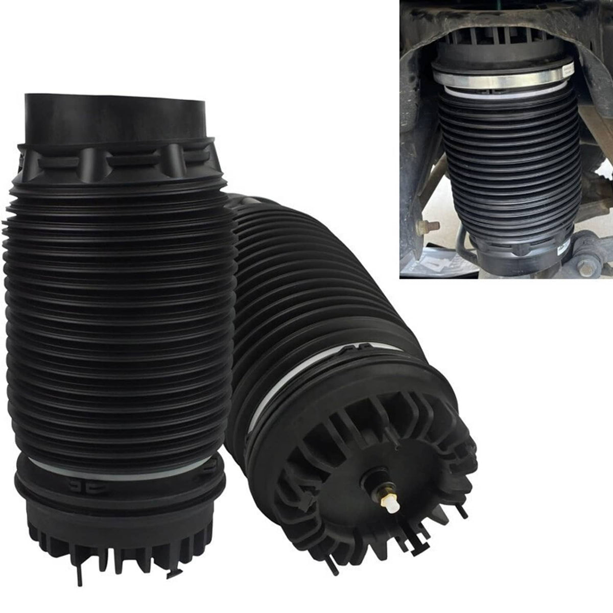 Black air suspension spring bag with studded base, ribbed bellows, and circular mount