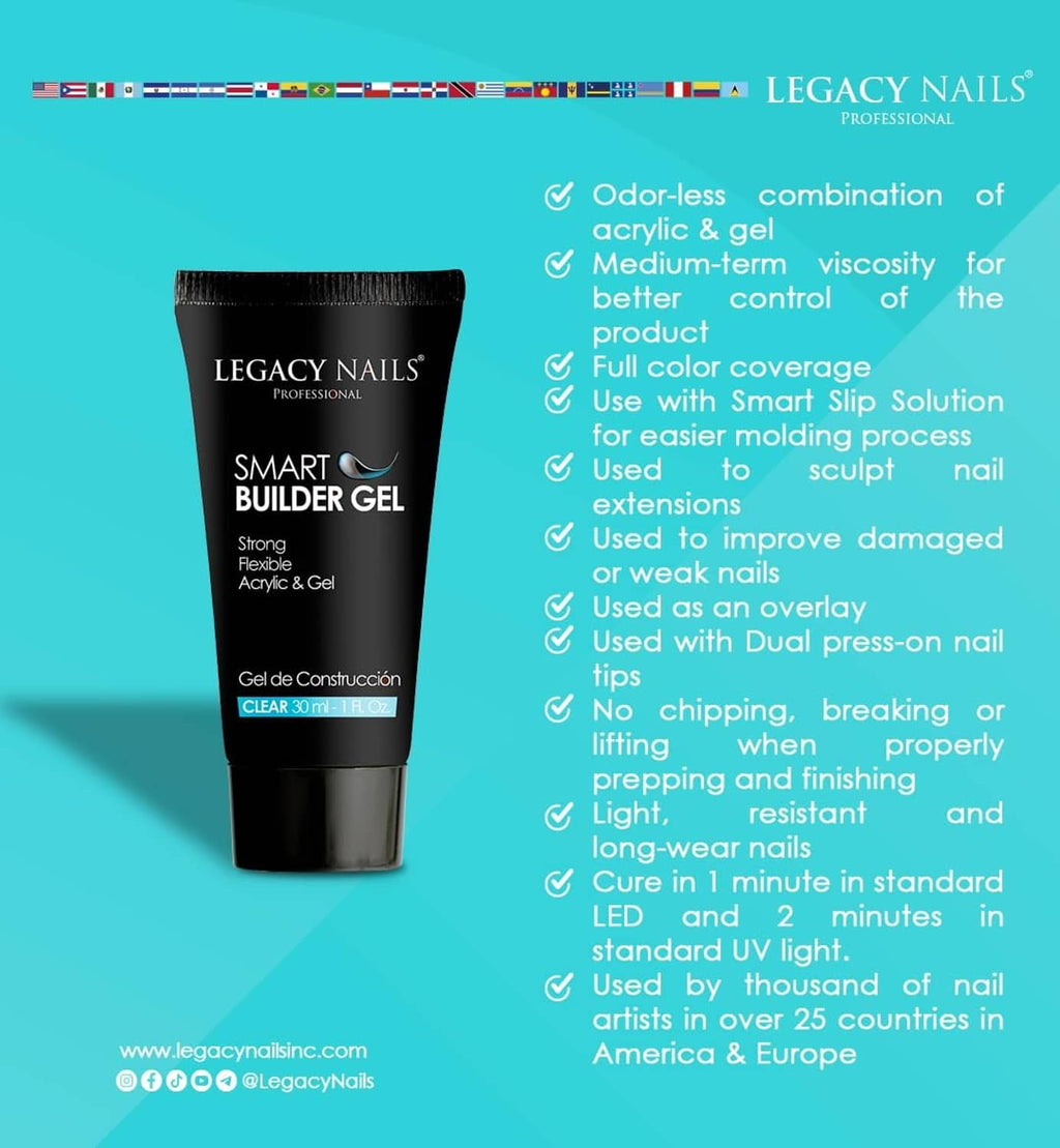 Legacy Nails smart builder gel info panel with black gel tube and claim icons