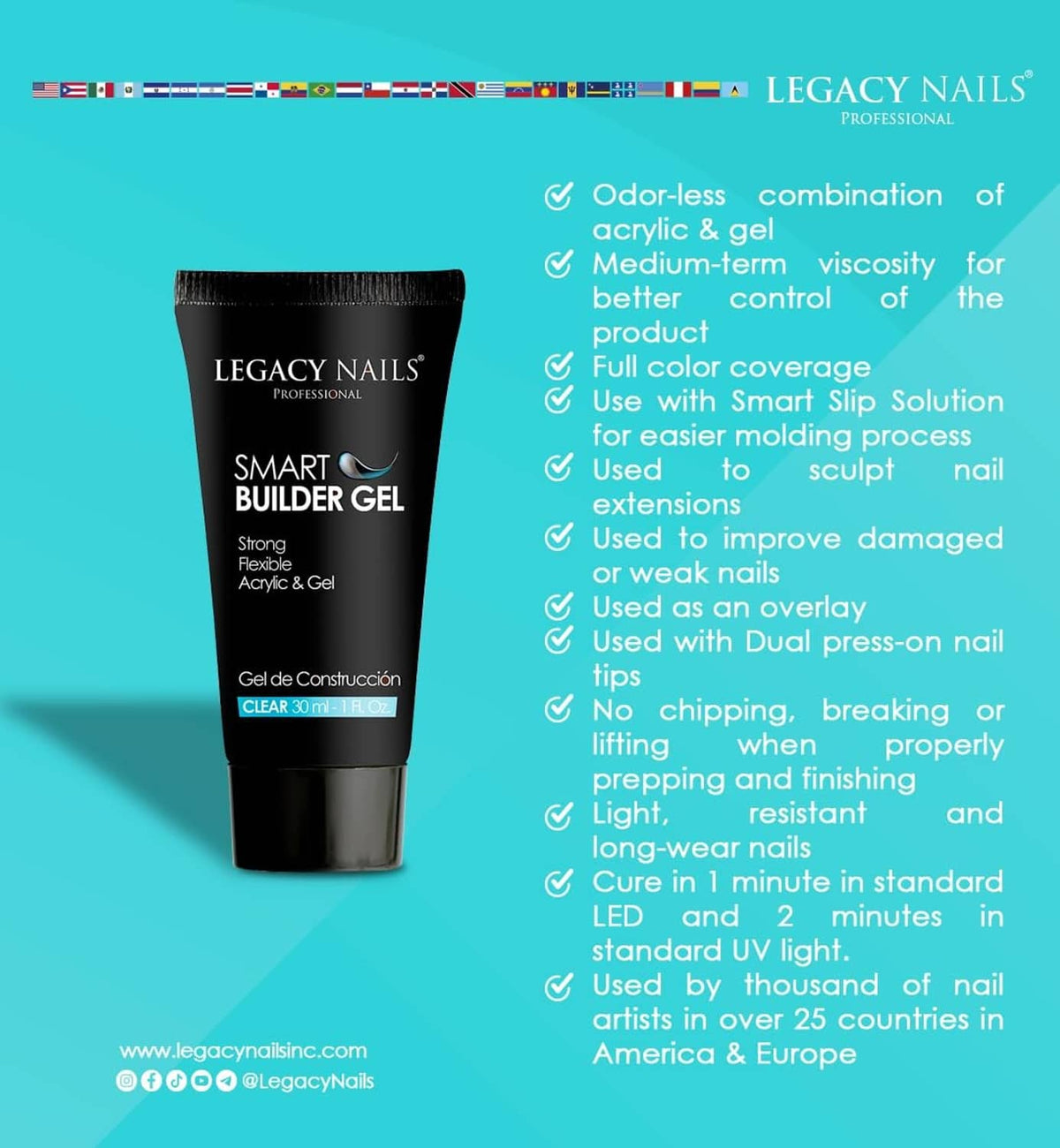 Legacy Nails smart builder gel info panel with black gel tube and claim icons