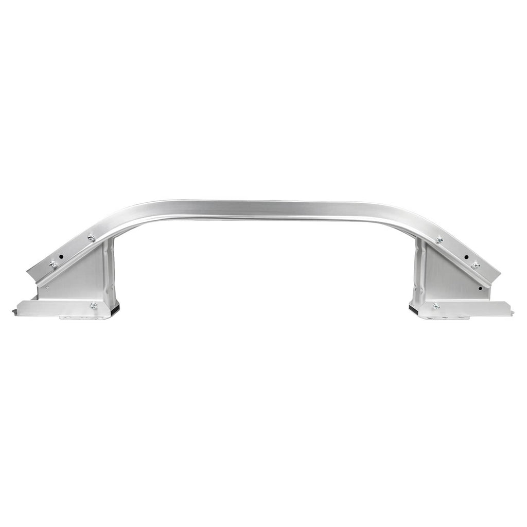 Front bumper reinforcement beam, elevated view of silver curved bar and end supports.