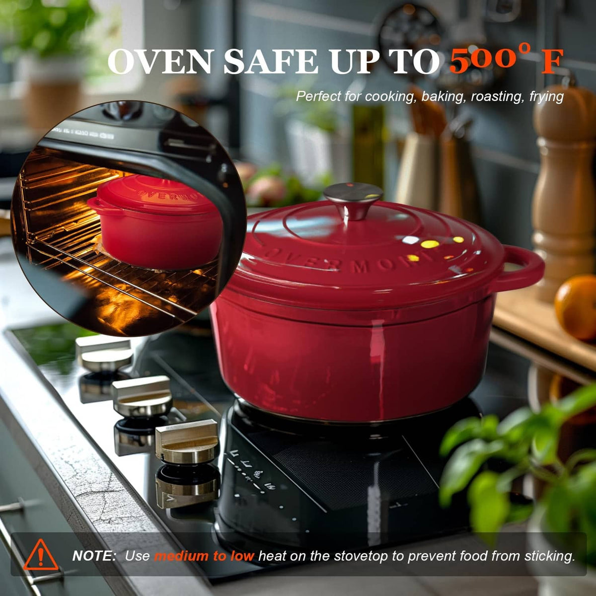 Red enameled Dutch oven with domed lid, shown near an oven cooking surface