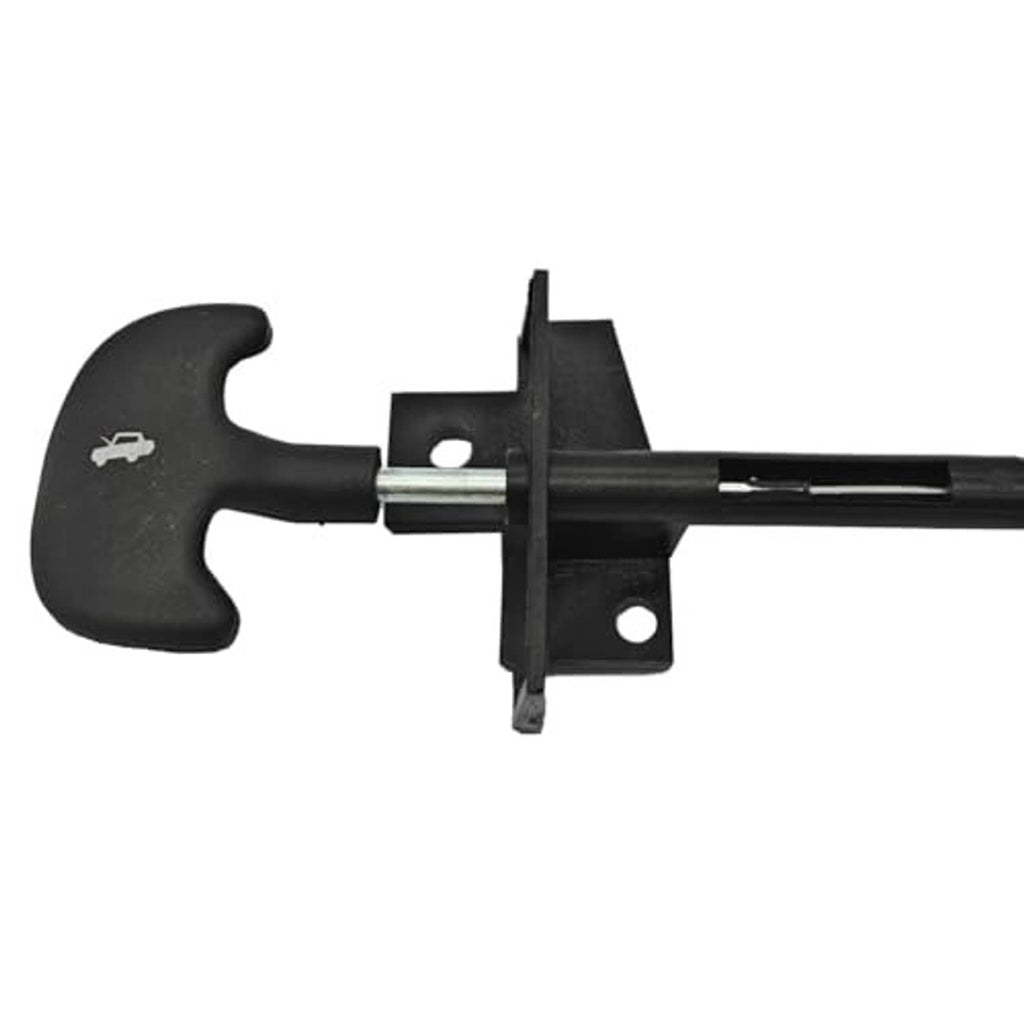 Black hood release handle assembly with bracket mount and metal cable