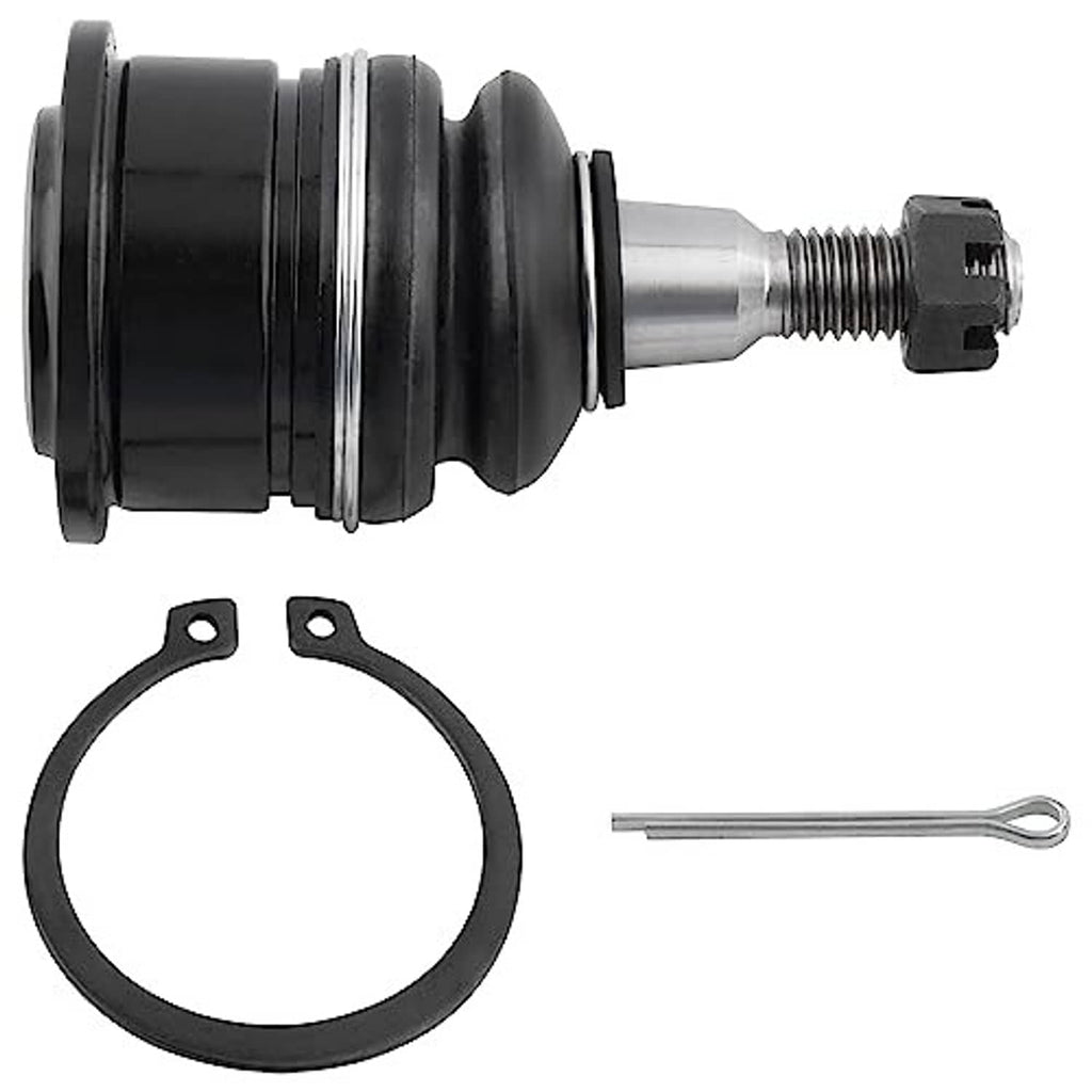 Front upper ball joint: black housing, black boot, silver pin stud, retaining ring, cotter pin
