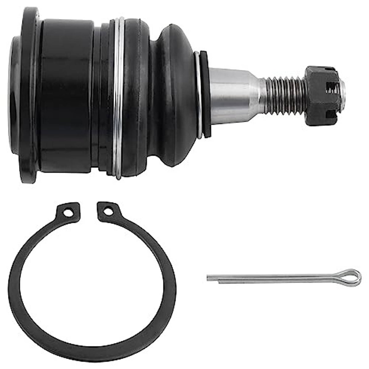 Front upper ball joint: black housing, black boot, silver pin stud, retaining ring, cotter pin