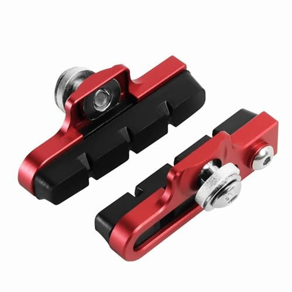 Pair of red C-caliper brake pad adapters with black pads and silver mounting screws