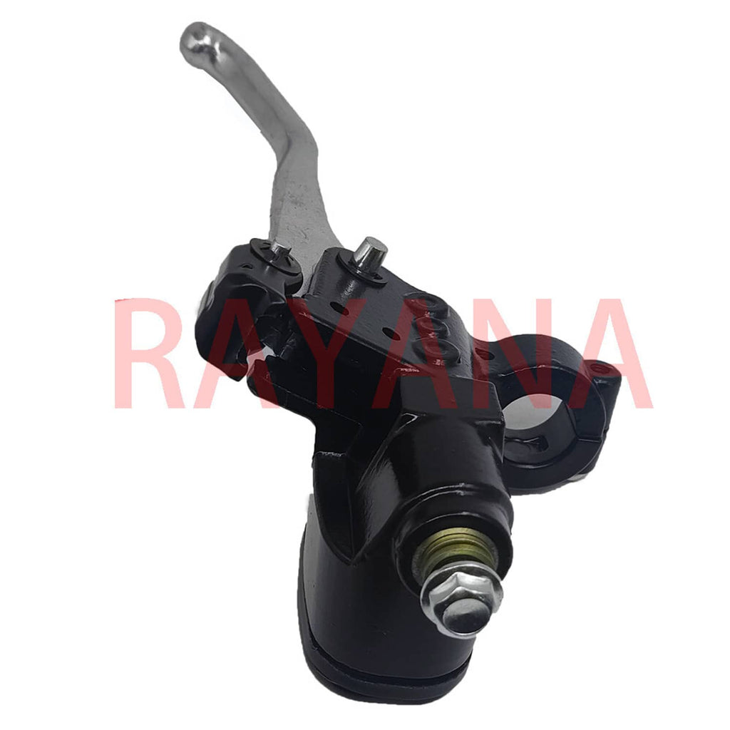 Front brake master cylinder with black housing, silver lever, and threaded outlet