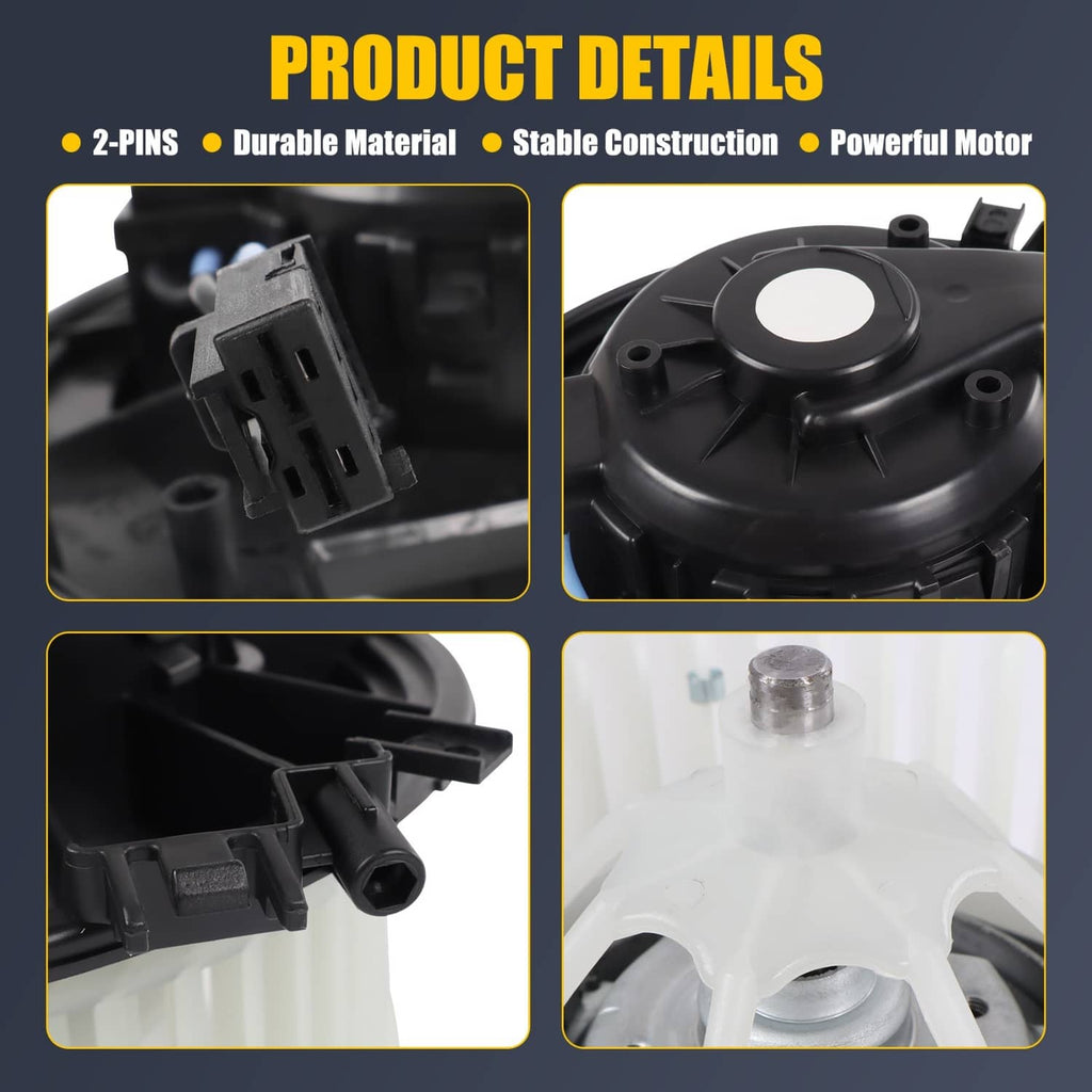 HVAC blower motor with electrical connector details and white fan wheel