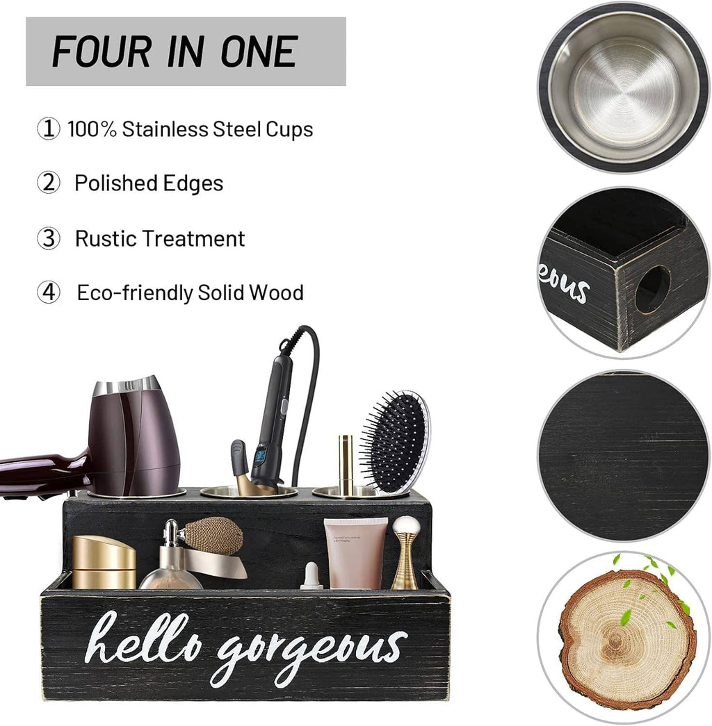 Black hair tool organizer box with four stainless-cup slots and storage compartments