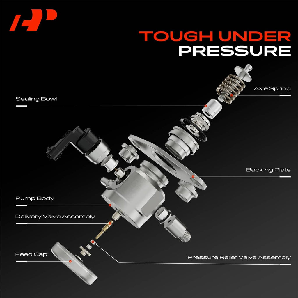 High-pressure fuel pump diagram showing sealing bowl, pump body, and pressure valve parts