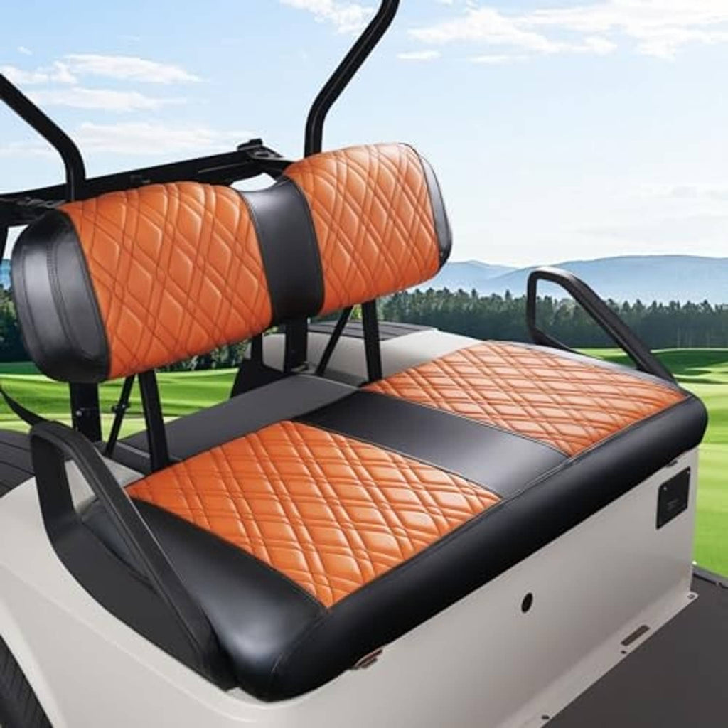 Brown diamond-quilted front seat cover set with black trim for golf cart bench