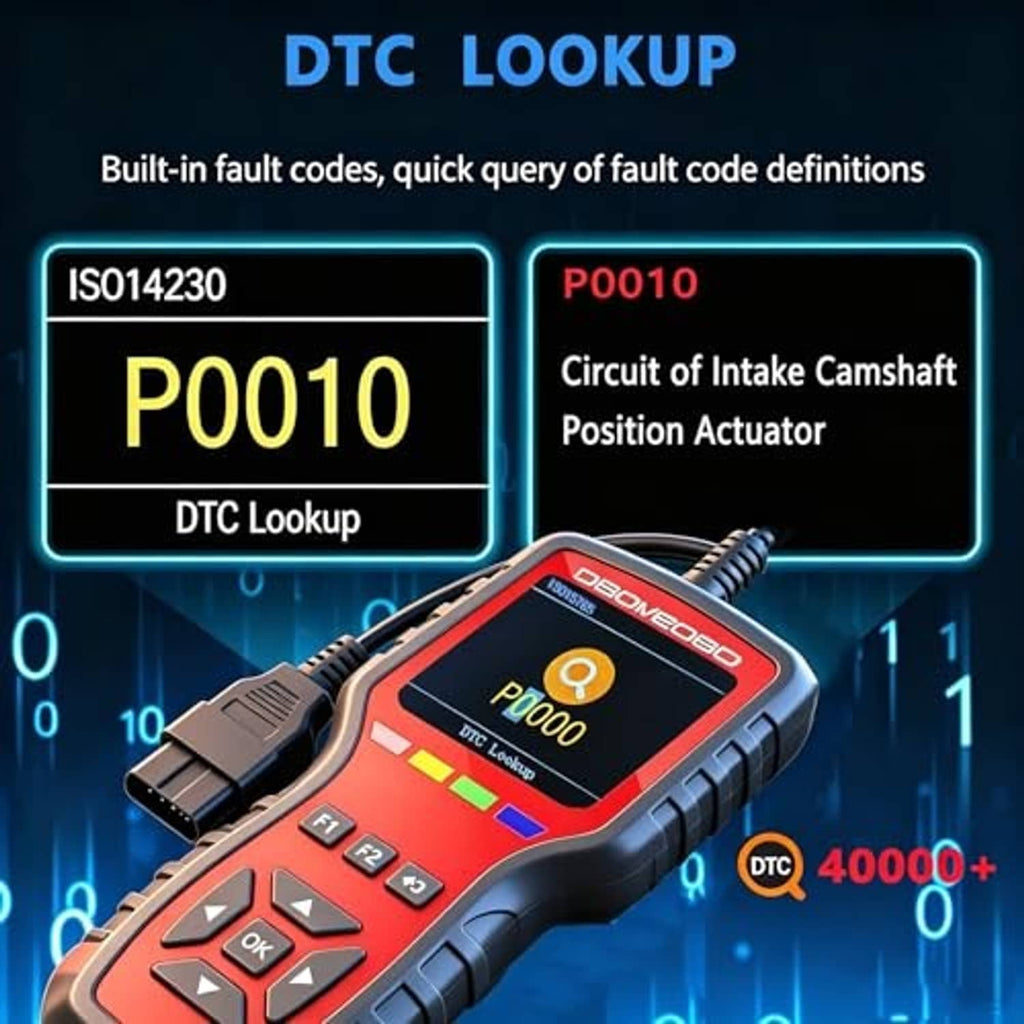Handheld OBD2 scanner at an angle with DTC lookup readout on red screen