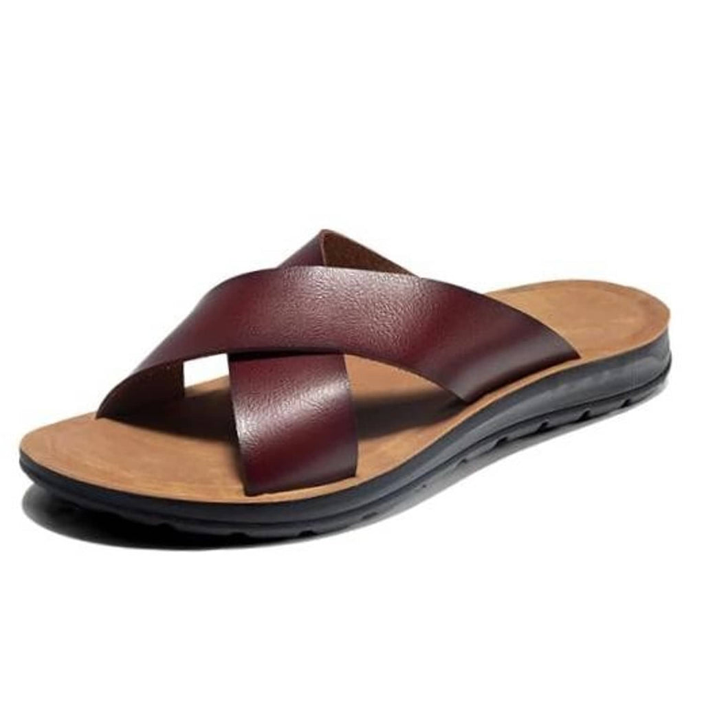 Brown leather open-toe platform slide sandals with wide crisscross strap