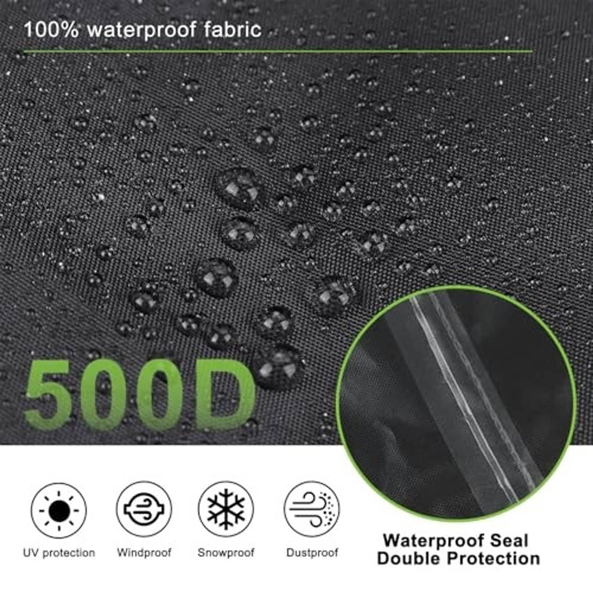 Black waterproof AC cover fabric with visible water beads and double seal protection.
