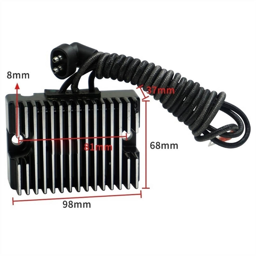 Black voltage regulator rectifier with finned heatsink and coil cable; size markers shown