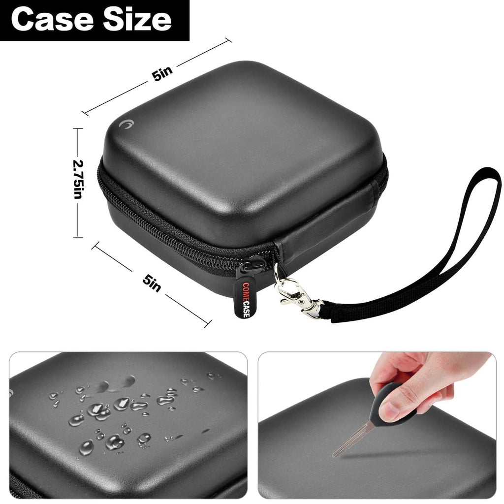 Compact dark hard case with zipper closure and wrist strap, water-resistant finish